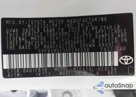 2025 Toyota Corolla Le z USA, uszkodzony, nr VIN 5YFB4MDE3SP296098